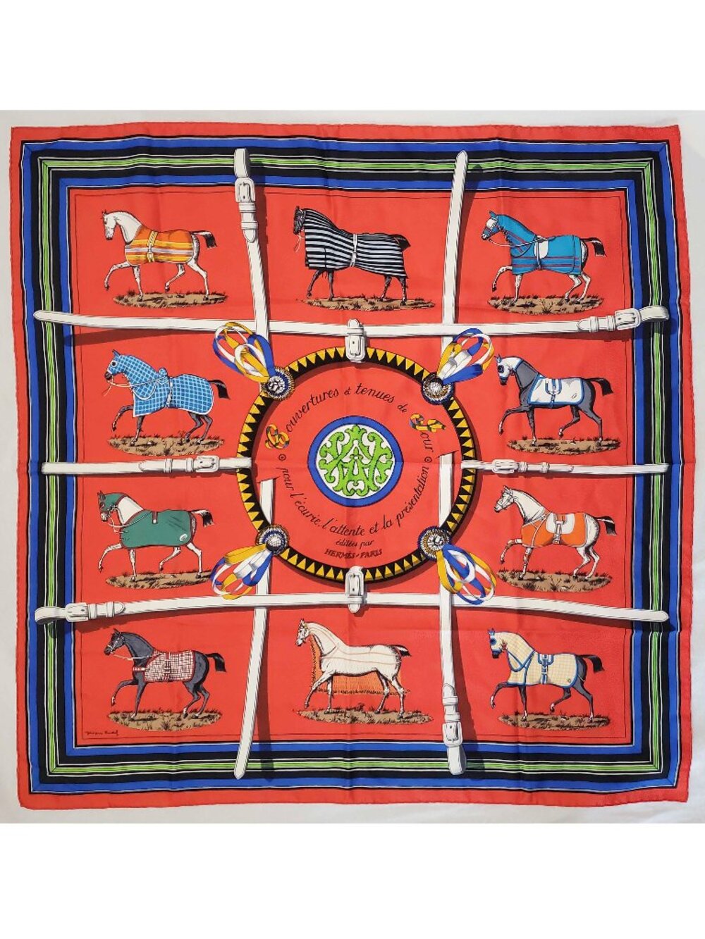 Hermes VTG Silk Scarf Carre 90 "Couvertures et Tenues de Jour" Red Silk Scarf